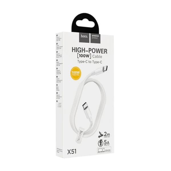 Кабель HOCO X51 Type-C (m)-Type-C (m) 2.0м 5.0A 100W АБС белый (1/22/220)