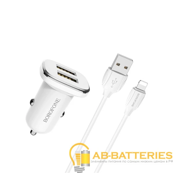 Автомобильное З/У Borofone BZ12 2USB 2.4A с кабелем Lightning белый (1/44/176)