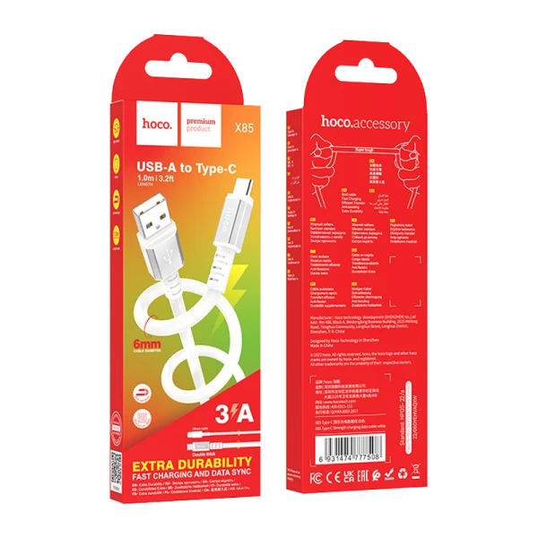 Кабель HOCO X85 USB (m)-Type-C (m) 1.0м 3.0A TPE белый (1/35/350)