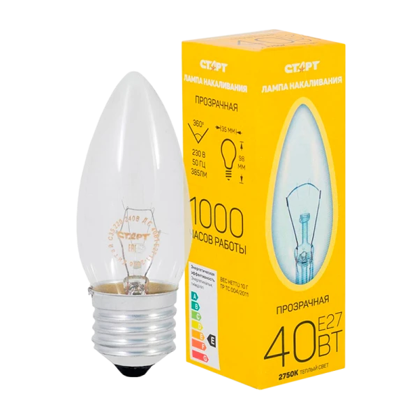 Лампа накаливания Старт E27 40W 230V свеча ДС прозрачная (1/10/100)