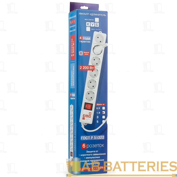 Сетевой фильтр Power Cube 5р.С/З 1р.Б/З 10A с выкл. 180 Дж 5.0м ПВС серый (1/24)