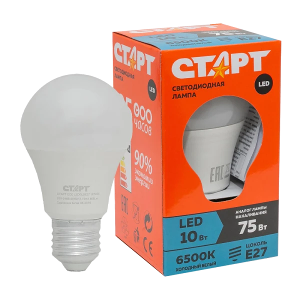 Лампа светодиодная Старт GLS E27 10W 6500К 220V груша Eco матовая (1/10/100)