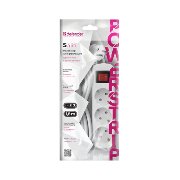 Удлинитель Defender S318 3р.С/З 10A 1.8м с выкл. ПВС 3x1мм² белый (1/30)