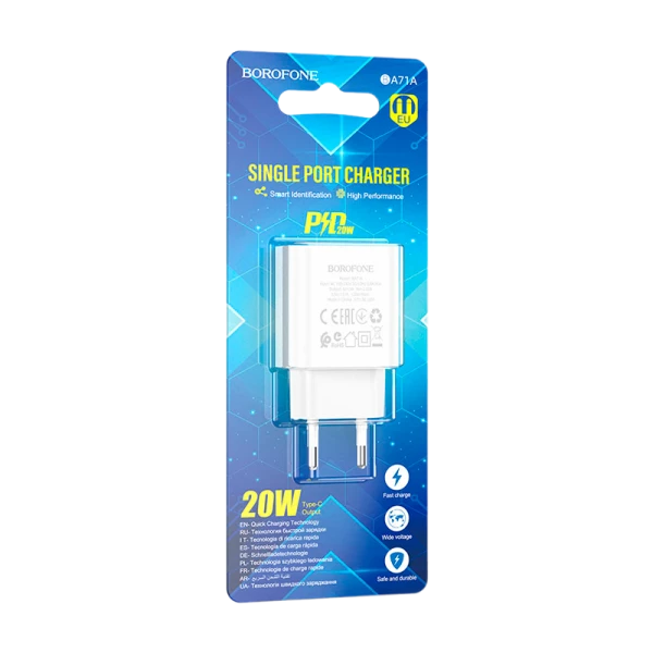 Сетевое З/У Borofone BA71A 1USB/Type-C 20W QC3.0 белый (1/75/300)