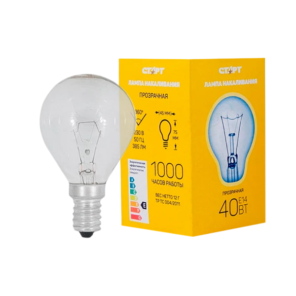 Лампа накаливания Старт E14 40W 230V шар ДШ прозрачная (1/10/100)