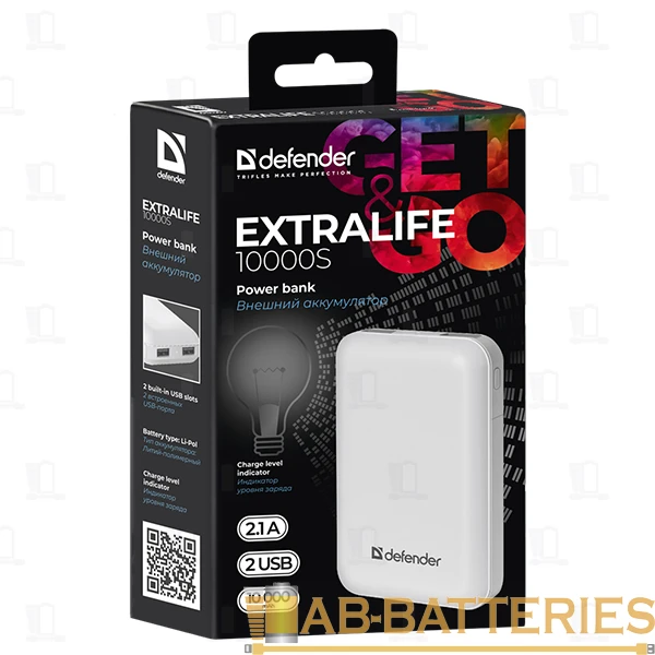 Внешний аккумулятор Defender ExtraLife 10000S 10000mAh 2.1A 2USB белый (1/40)