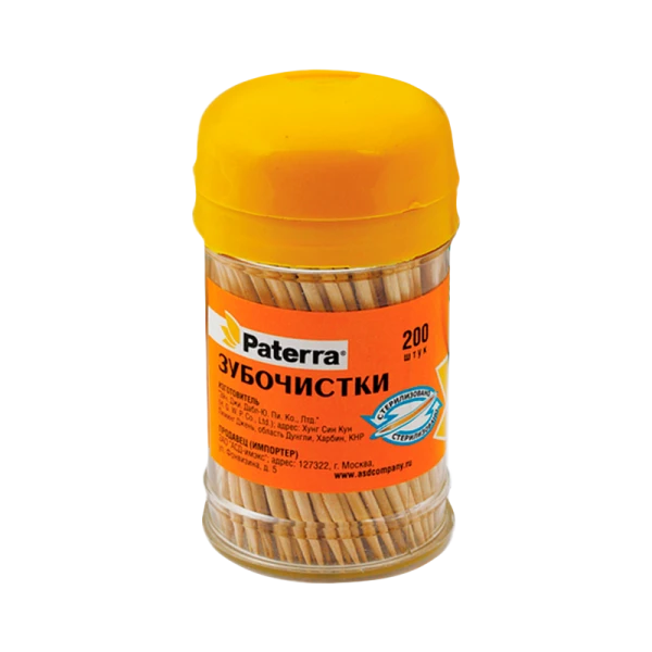 Зубочистки деревянные Paterra 200 шт. в пластиковой баночке 4шт в спайке (цена за 1 шт.) (4/240)