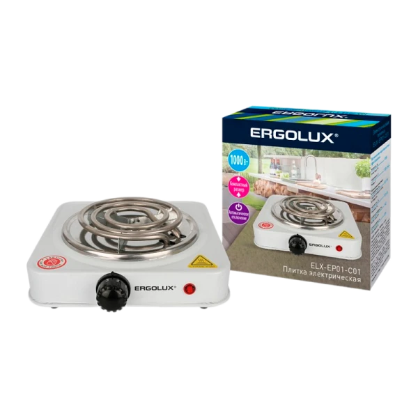 Электроплитка Ergolux ELX-EP01-C01 1 конф., спиральный нагр.эл.1000Вт, 220-240В белая (1/12)