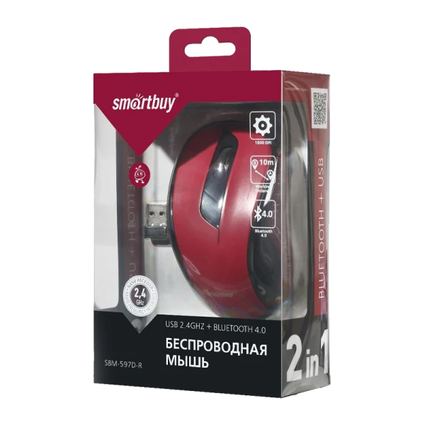 Мышь беспроводная Smartbuy 597D Dual классическая bluetooth бесшумная черный красный (1/40)