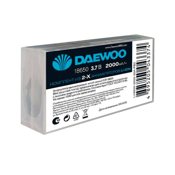 Аккумулятор Li-ion Daewoo 18650 BOX2 2000mAh без защиты (2/20/200)