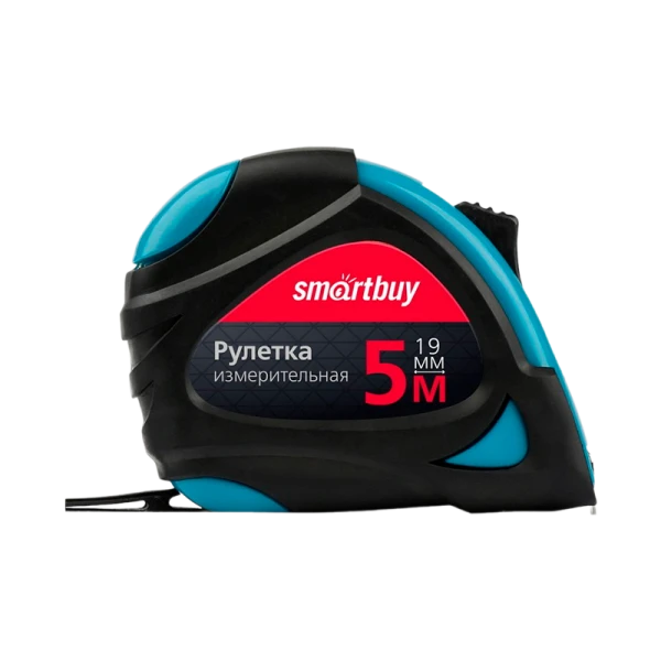 Рулетка измерительная Smartbuy ONE Tools 5м*19мм пластик 2 фиксатора прорезиненная голубой (1/72)