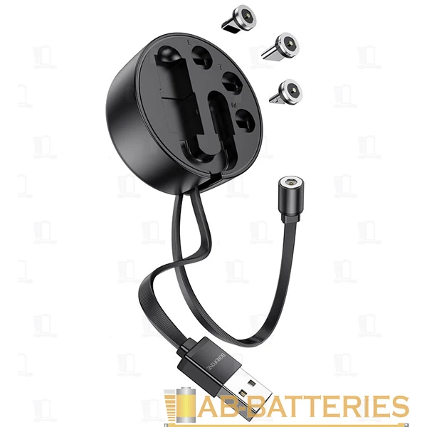 Кабель HOCO BU26 USB (m)-2хType-C/Lightning/microUSB (m) 0.95м 2.0A силикон магнит на катушке черный