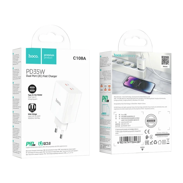 Сетевое З/У HOCO C108A 2Type-C 35W белый (1/22/220)