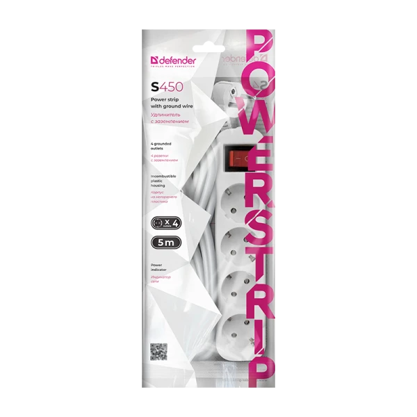 Удлинитель Defender S450 4р.С/З 10A 5.0м с выкл. ПВС 3x1мм² белый (1/30)
