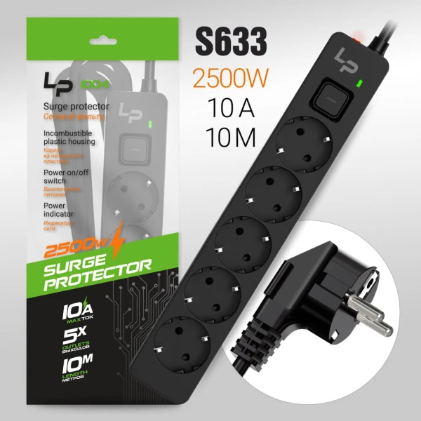 Сетевой фильтр Live Power LP1004 5р.С/З 10A с выкл. 10.0м черный (1/20)