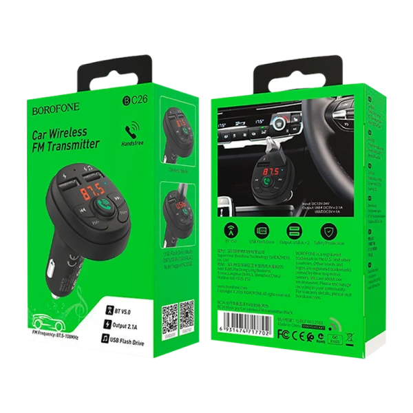 FM-трансмиттер Borofone BC26 2USB microSD bluetooth 4.2 черный (1/30/120)