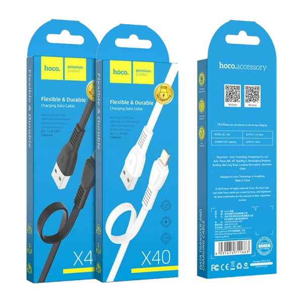 Кабель HOCO X40 USB (m)-Lightning (m) 1.0м 2.4A TPE черный (1/33/330)