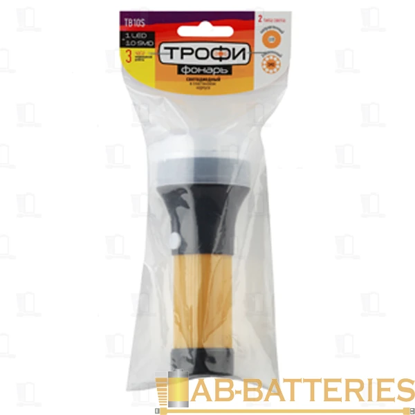 Фонарь универсальный Трофи TB10S 0.5W 10SMD+1LED от батареек черный желтый (1/25/200)