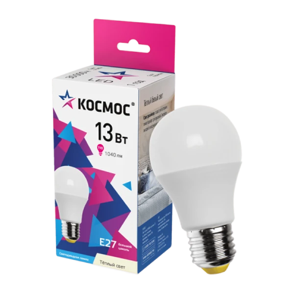 *Лампа светодиодная Космос A60 E27 13W 3000К 200-240V груша матовая (1/10/80) 