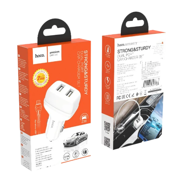 Автомобильное З/У HOCO Z36 2USB 2.1A с кабелем microUSB белый (1/14/140)