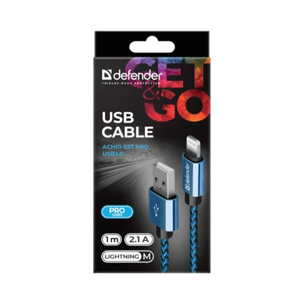 Кабель Defender ACH01-03T PRO USB2.0 (m)-Lightning (m) 1.0м 2.1A синий