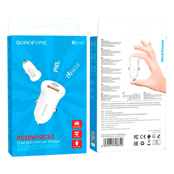 Автомобильное З/У Borofone BZ18A 1USB/Type-C 20W QC3.0 белый (1/48/192)