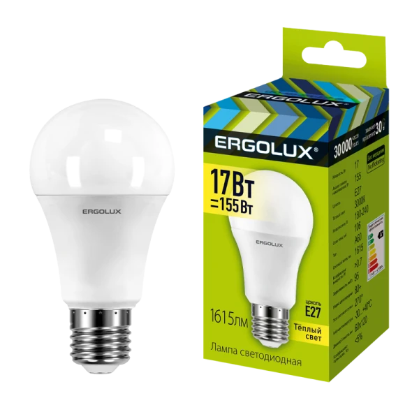 Лампа светодиодная Ergolux A60 E27 17W 3000К 180-240V груша ЛОН (1/10/100)