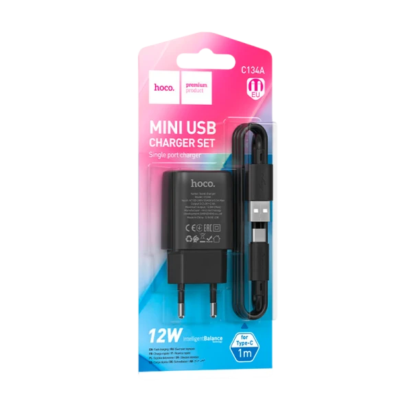 Сетевое З/У HOCO C134A 1USB/Type-C 3.0A QC3.0 черный (1/72)