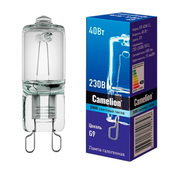 Лампа галогенная Camelion G9 40W 2800К 220-240V капсула прозрачная (1/5/100)