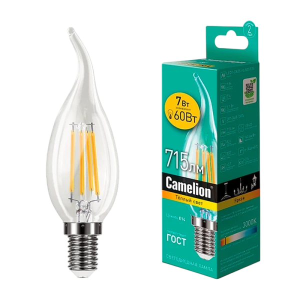 Лампа светодиодная филамент Camelion CW35 E14 7W 3000К 172-265V свеча на ветру прозрачная (1/10/100)