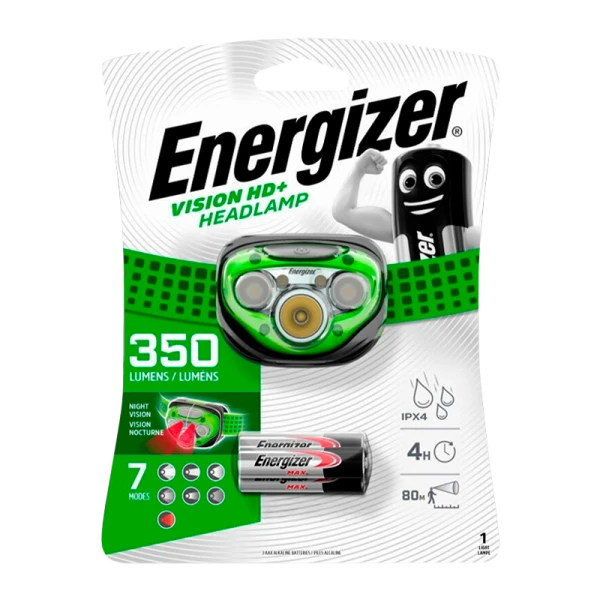 Фонарь налобный Energizer Vision HD+ 3LED от батареек 3 режима зеленый