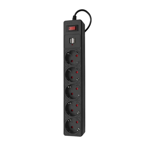 Сетевой фильтр Smartbuy 5р.С/З 10A USB со шторкой 1.8м ПВС черный (1/45)