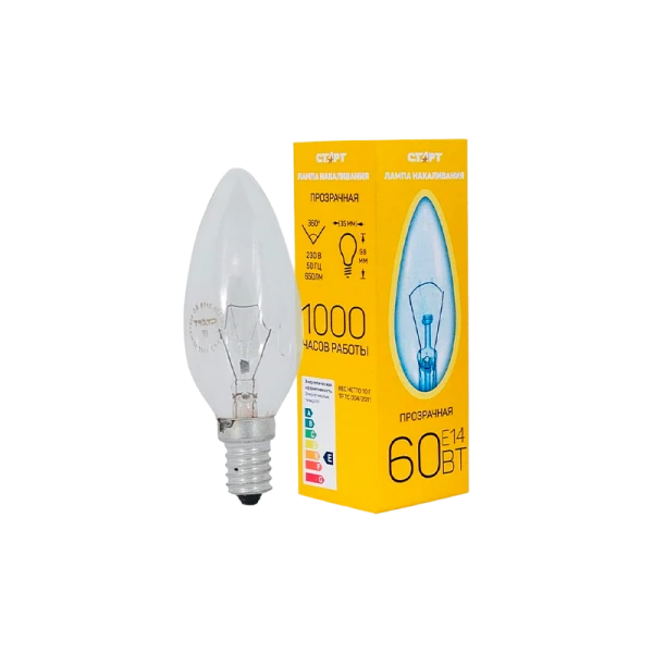 Лампа накаливания Старт E14 60W 230V свеча ДС прозрачная (1/10/50)