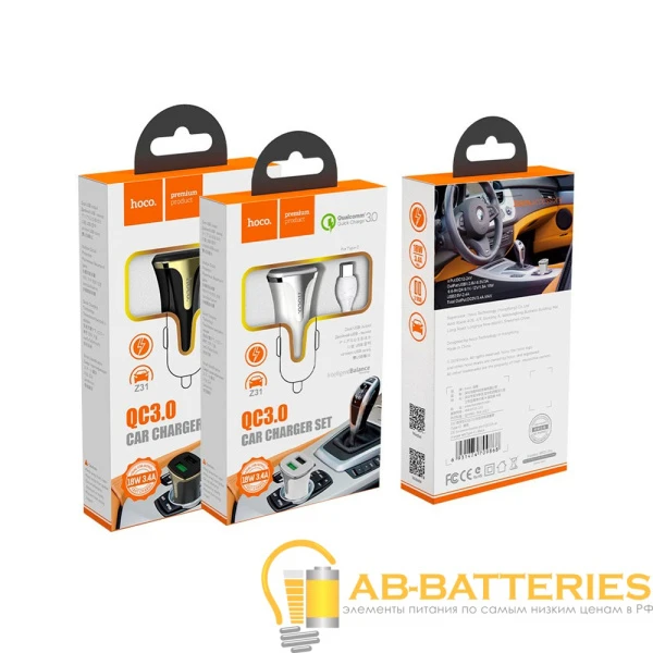 Автомобильное З/У HOCO Z31 2USB 3.4A QC3.0 с кабелем Lightning черный (1/14/140)