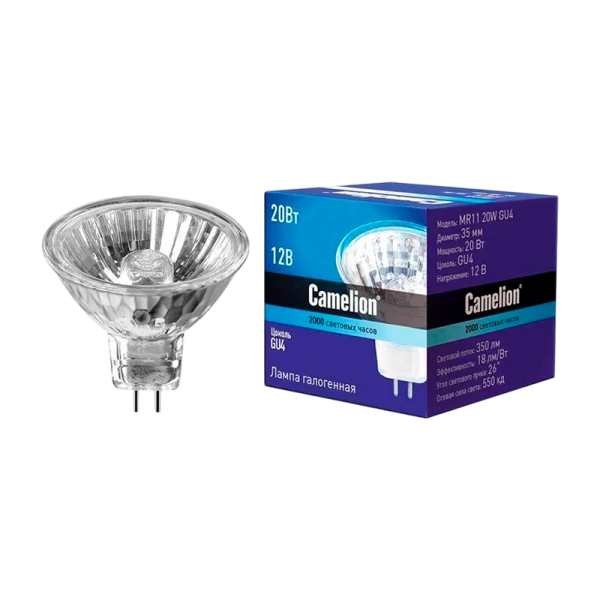 Лампа галогенная Camelion MR11 GU4 20W 2800К 12V софит 35мм прозрачная (1/10/200)