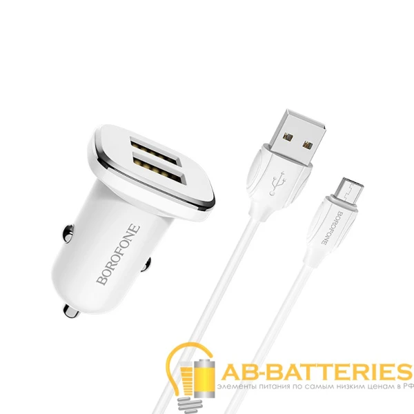 Автомобильное З/У Borofone BZ12 2USB 2.4A с кабелем microUSB белый (1/44/176)
