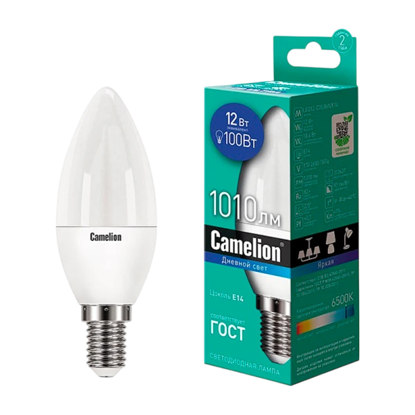 Лампа светодиодная Camelion C35 E14 12W 6500К 170-265V свеча матовая (1/10/100)