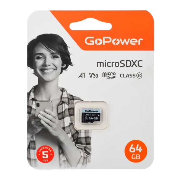Карта памяти microSD GoPower 64GB Class10 70 МБ/сек V30 без адаптера