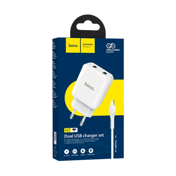 Сетевое З/У HOCO N7 2USB 2.1A с кабелем Lightning белый (1/12/120)