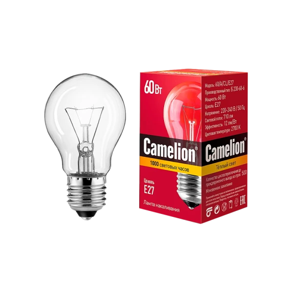 Лампа накаливания Camelion E27 60W 220-240V груша прозрачная (1/100)