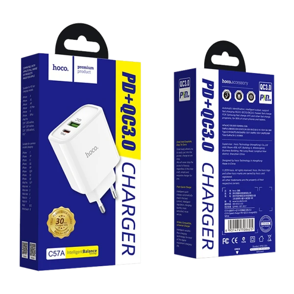 Сетевое З/У HOCO C57A 1USB/Type-C 3.0A QC3.0 белый (1/12/120)