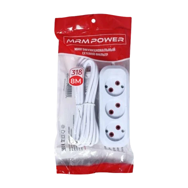 Удлинитель MRM-Power M-318 3р.С/З 10A 8.0м с выкл. белый (1/24)