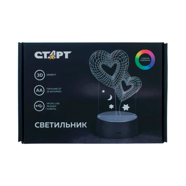 Светильник настольный Старт "3D Сердце" 2W 220V на основании сенс. черный
