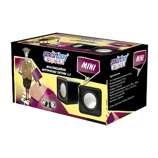 Колонки 2.0 Smartbuy MINI 4W USB+Jack 3.5мм черный (1/80)
