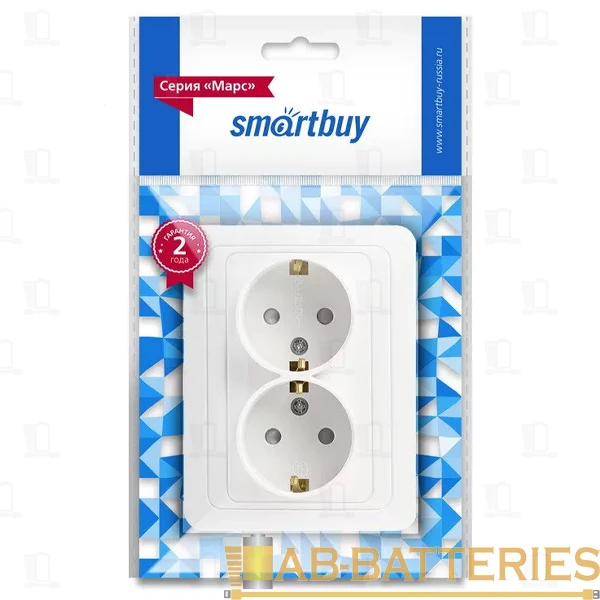 Розетка Smartbuy 2-местная с заземлением 16А белая с защ. штор. "Марс" (SBE-02w-16-S2-1Z)
