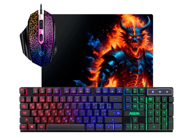 Игровой набор Alion GS-987 RU,черн,радуж,мышь+клав+ковер DEFENDER