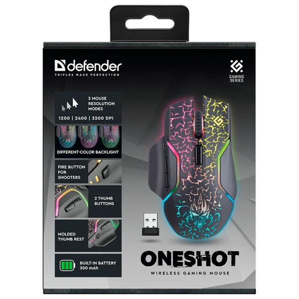 Беспроводная игровая мышь Oneshot GM-067 черный,LED,7D,300 мАч, 3200dpi DEFENDER