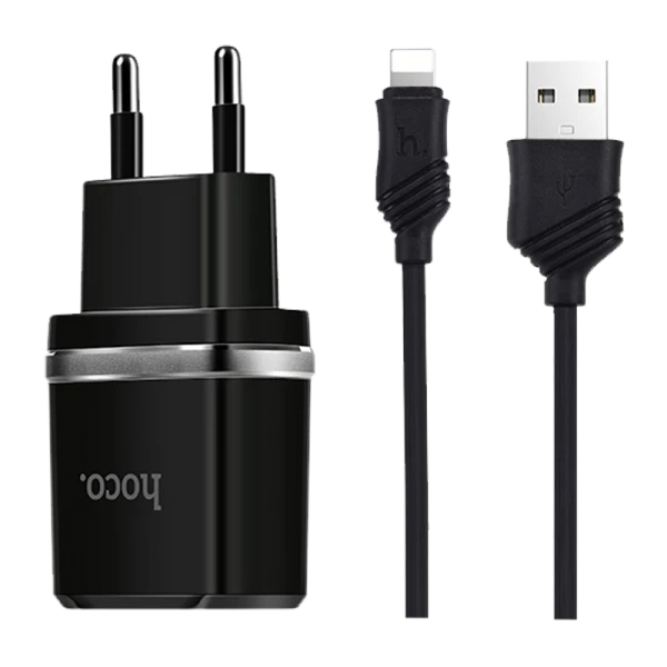 Сетевое З/У HOCO C12 2USB 2.4A с кабелем Lightning черный (1/10/100)
