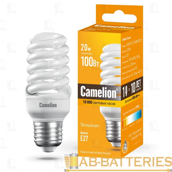 Лампа энергосберегающая Camelion T2 E27 20W 2700К 220-240V спираль (1/5/25/100)