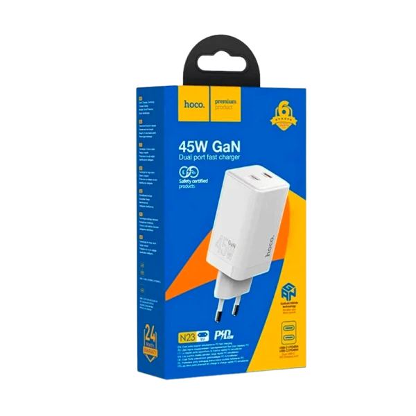 Сетевое З/У HOCO N23 2Type-C 45W PD3.0 с кабелем Type-C-Lightning белый (1/11/110)